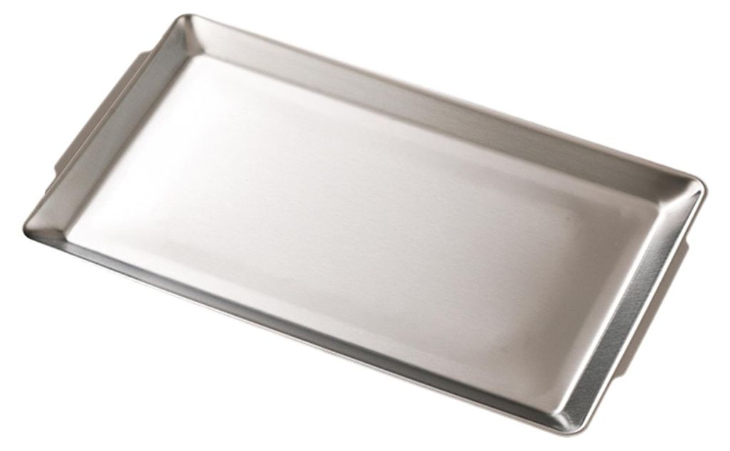 Servierplatte aus Edelstahl für Grillabende, robuste rechteckige Servierplatte mit Griffen, spülmaschinenfest, modernes Küchenutensil