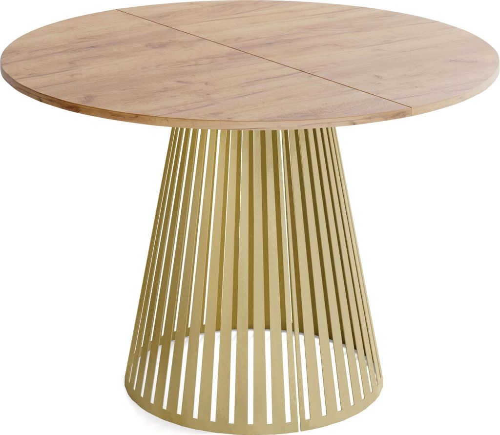 Esstisch Rund Ausziehbar mit Lamellen im Loft-Stil – 100 bis 180 cm – Industrieller Tisch mit Goldenen Metallbeinen, Platzsparend für Wohnzimm...