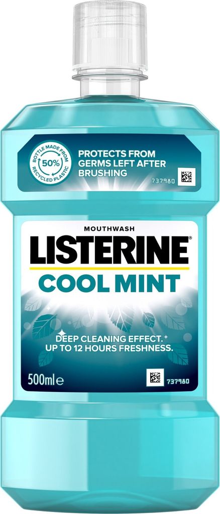 A bottle of Listerine Cool Mint mouthwash against a white background.