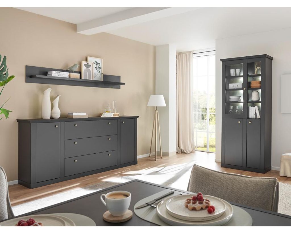 Esszimmer Set mit Sideboard & Wandboard & Vitrinenschrank inkl. Beleuchtung, in Schwarz matt, 3-teilig - LORETA-61