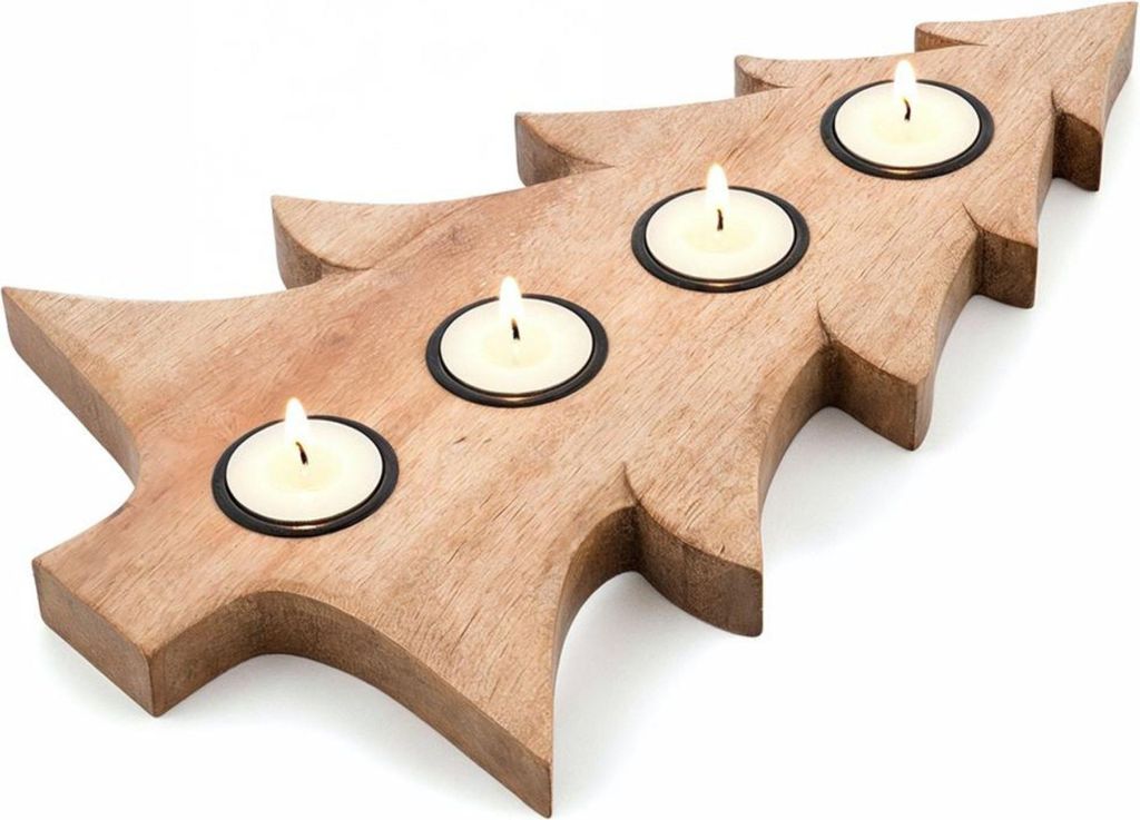 Orion | Kerzenständer - Holzkerzenhalter - 40x27,5 cm - Motiv Weihnachtsbaums - für 4 Kerzen - für Teelichter - Mangoholz