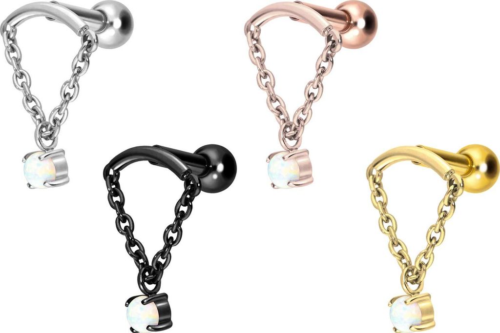 Ohrpiercing Titan Ohrpiercing mit Innengewinde BOGEN + KETTE + SYNTHETISCHER OPAL Gold Stablänge: 8mm