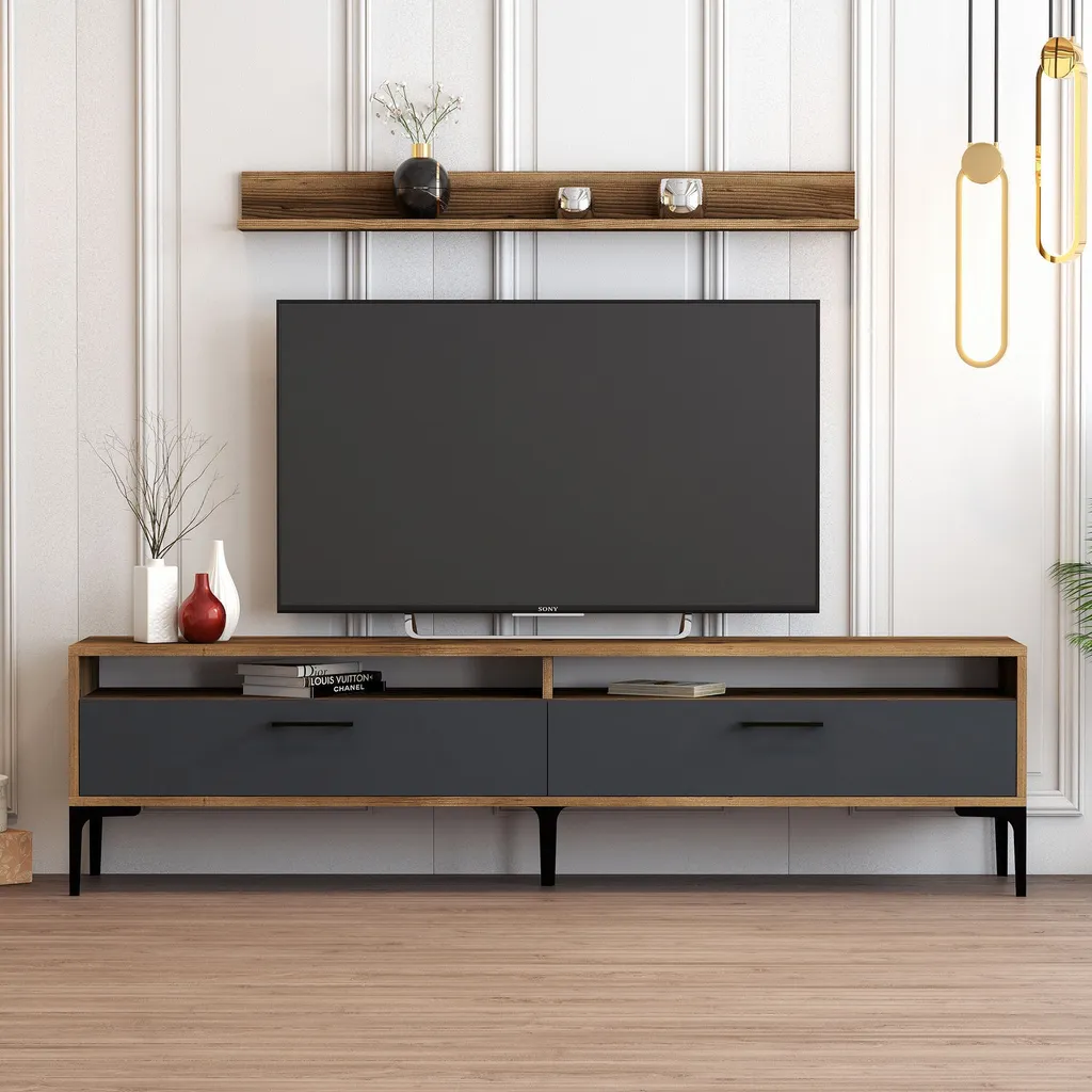 Banc TV Design en Bois Mélaminé Noyer et Gris Anthracite Longueur 180cm