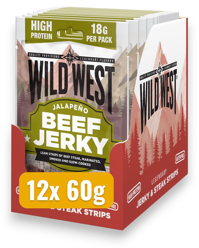 12x Wild West Jalapeño Beef Jerky 60g – Scharfer Trockenfleisch Snack mit Jalapeño und BBQ-Würze