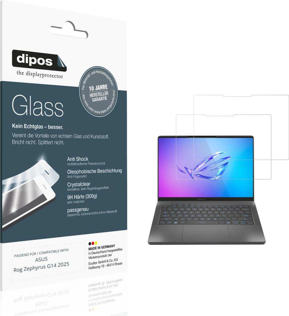 2x Schutzfolie für ASUS Rog Zephyrus G14 2025 - Anti-Shock 9H Folie dipos Glass Kunststoffglas