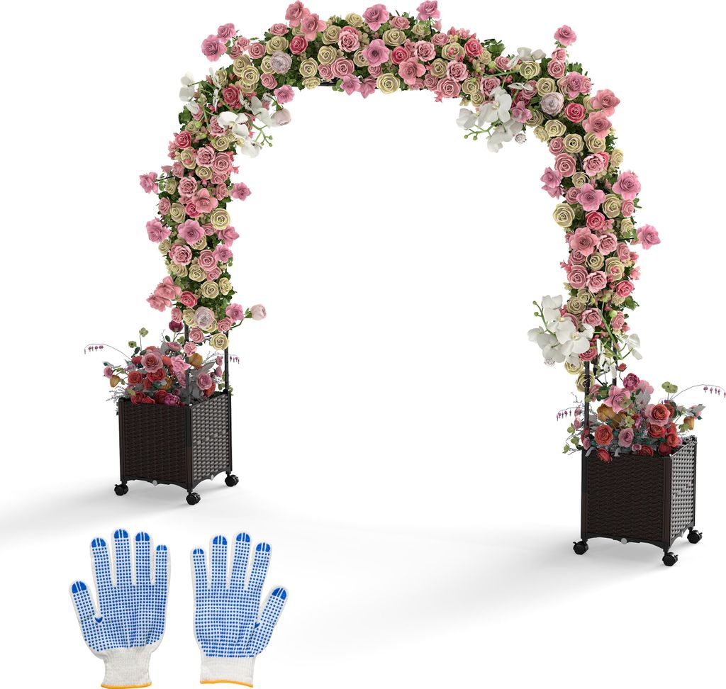 COSTWAY 2in1 Rosenbogen mit Blumenkasten 202cm, Gartenbogen, Spalier mit Drainagelöchern & 2 Pflanzkästen auf Rollen, Rankbogen Torbogen