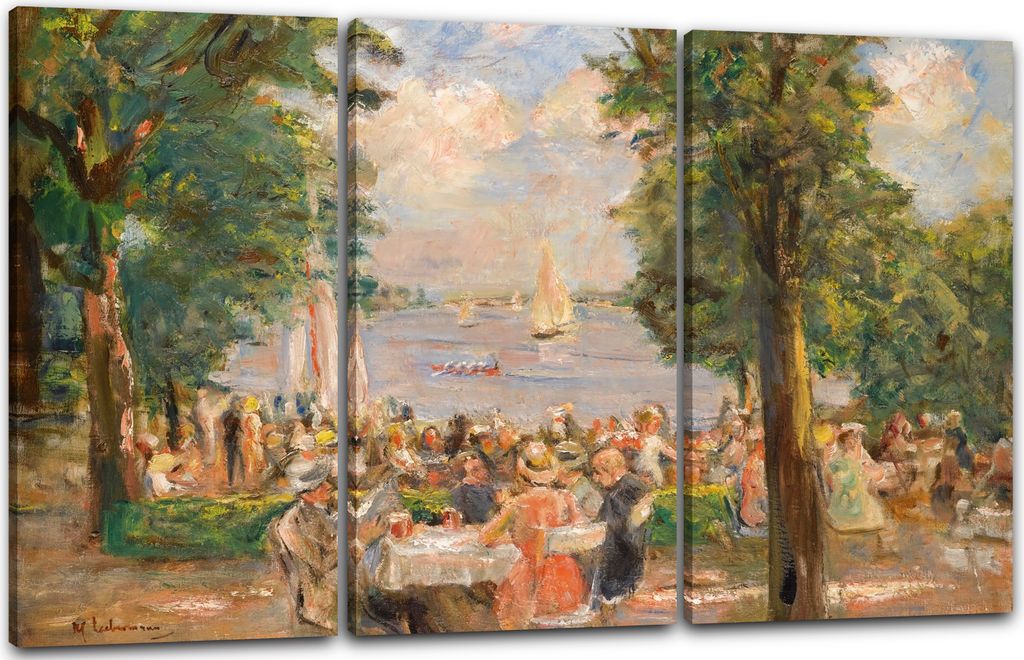 Leinwandbild 3-teilig (120x80cm): Max Liebermann - Biergarten nahe Wannsee, echter Holz-Keilrahmen inkl. Aufhänger, handgefertigt in Deutschland