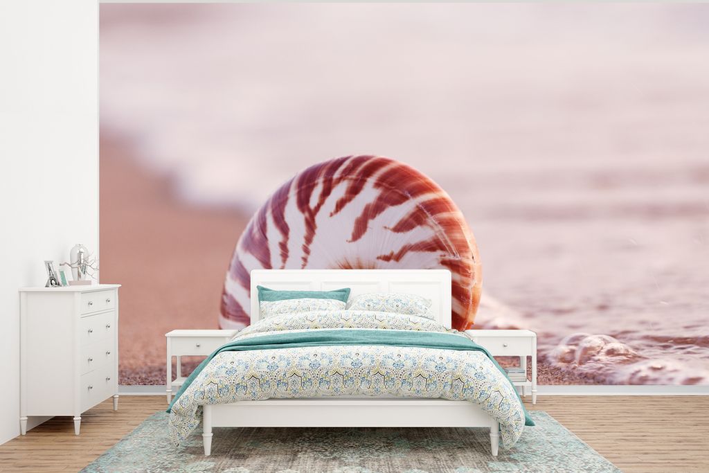 MuchoWow Fototapete für Wohnzimmer oder Schlafzimmer Wandtapete Vinyl Motivtapete Muschel - Strand - Meer - Sand - 320x240 cm - Tapeten