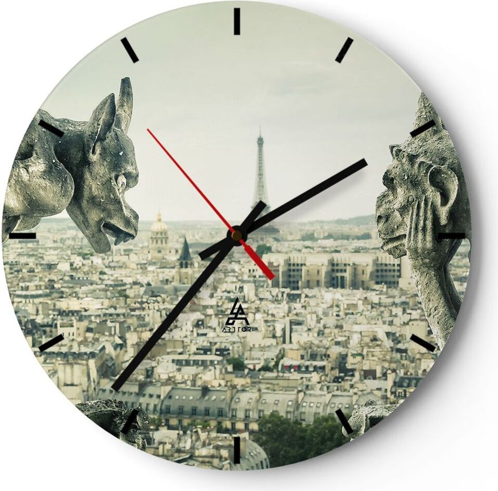 Wanduhr - Rund - Glasuhr - Wasserspeier Paris Notre-Dame - 30x30cm - Schleichendes Uhrwerk - Lautlos - zum Aufhängen bereit - Dekoration Modern - ...