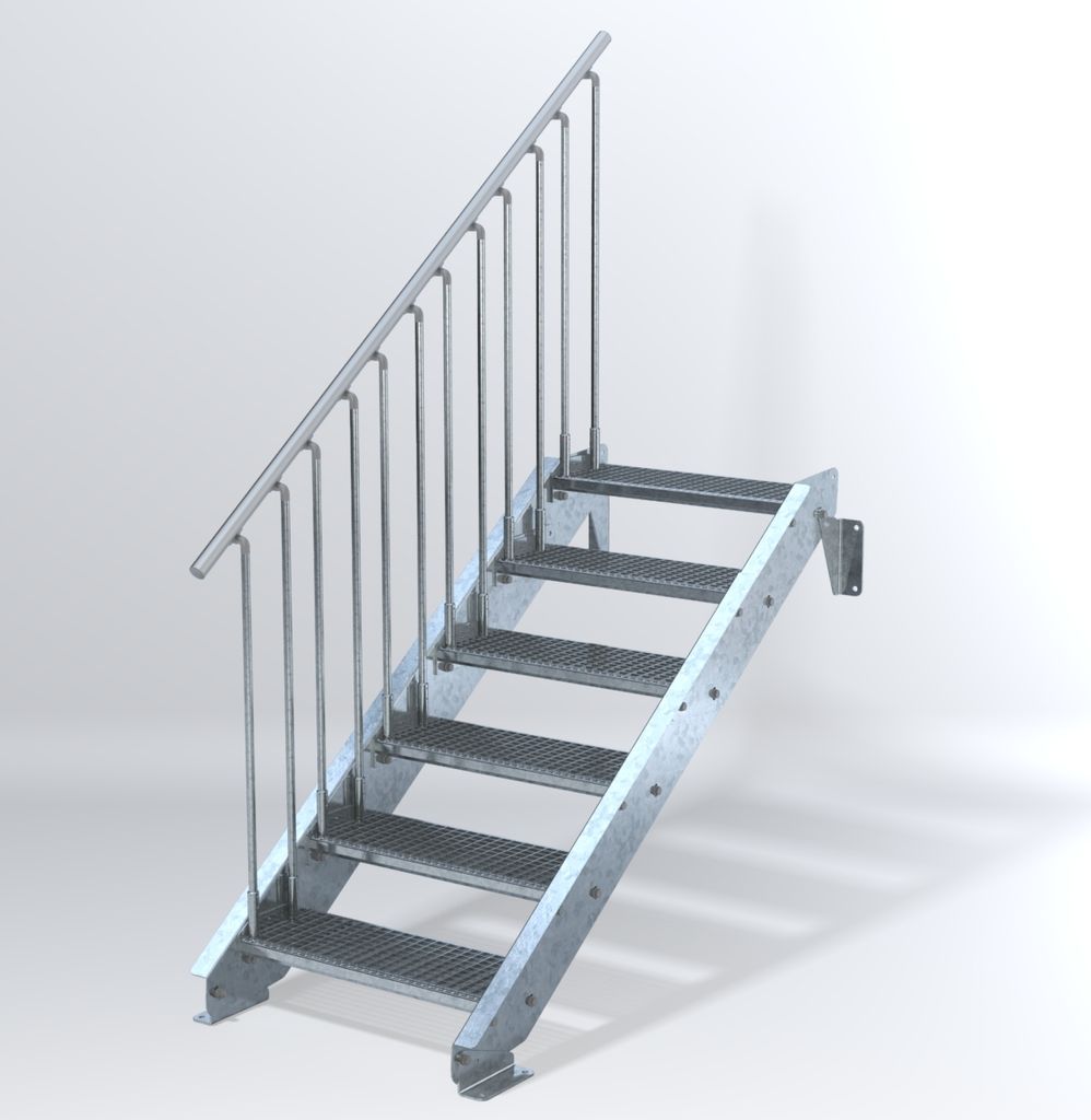 Stahltreppe 6 Stufen bis Höhe 120 cm, Laufbreite : 70 cm Geländer links ST 2 (31 / 31 mm gezackt)