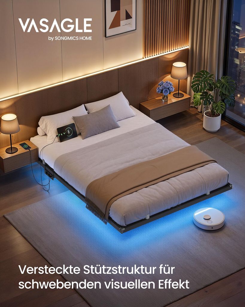 VASAGLE Bettgestell 140 x 200 cm mit LED-Beleuchtung, Produktbild 