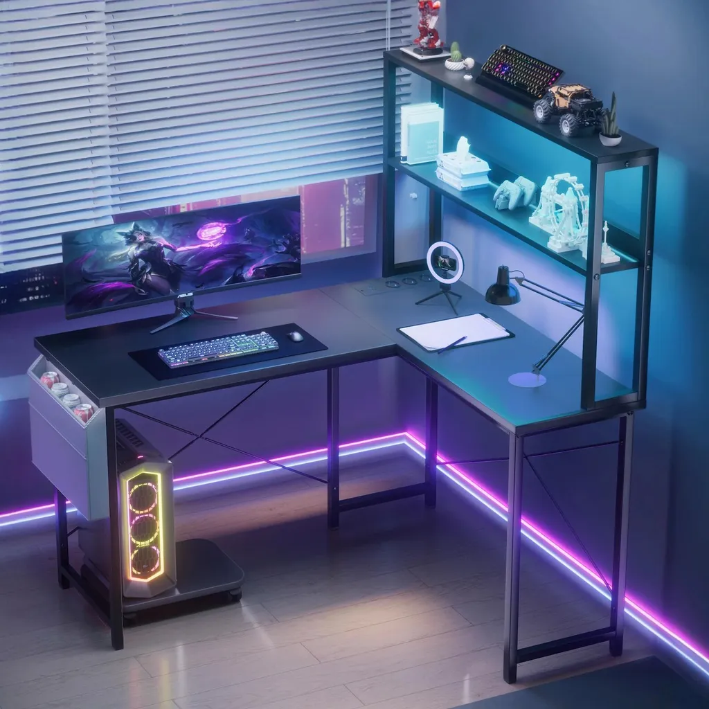 Bureau de Travail en L Ergonomique Noir LED pour Setup Multiecran - 2