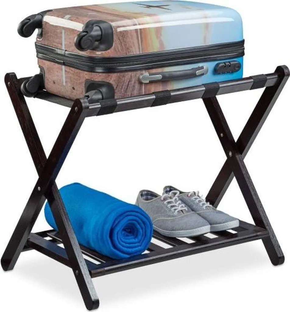 Porte-bagages pliable en noyer massif marron pour valises d'hôtel