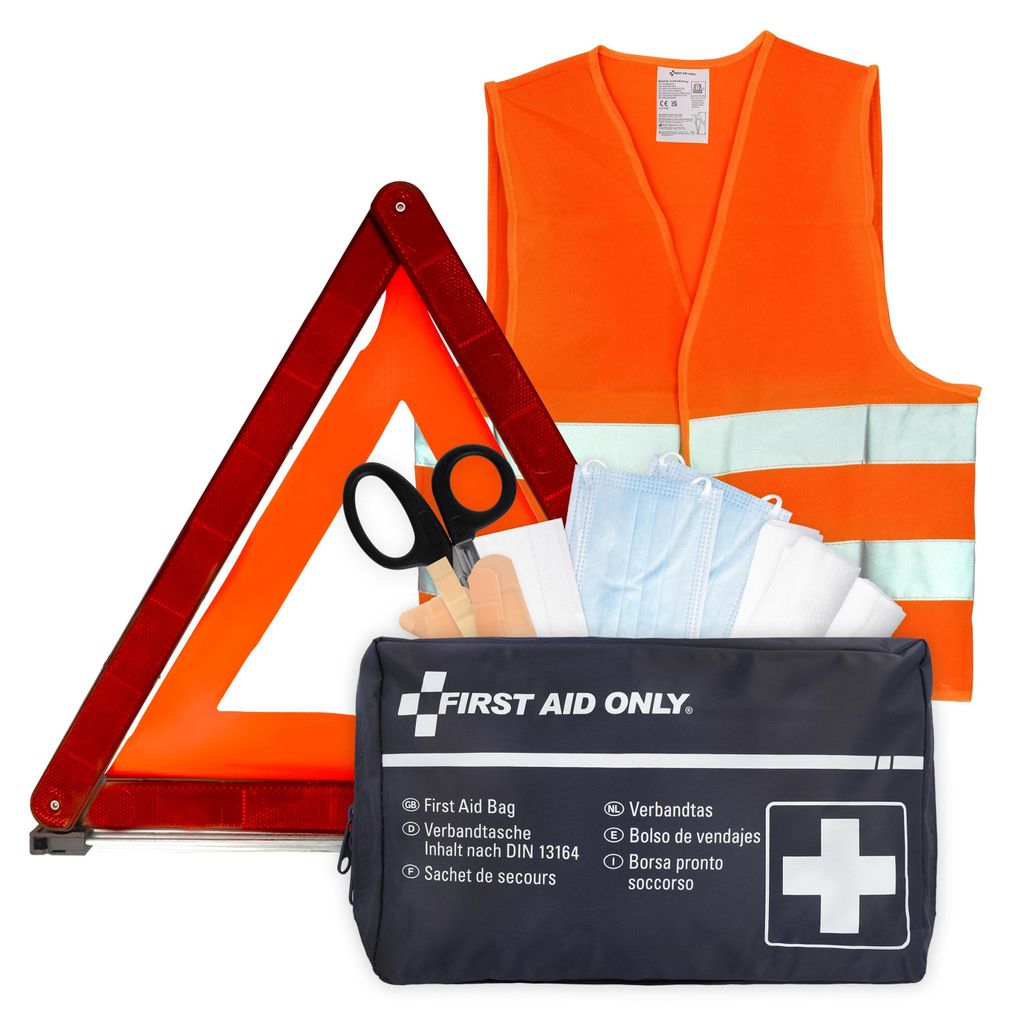 First Aid Only Kfz Verbandtasche DIN 13164 | Warndreieck nach ECE R27 | Warnweste Orange, Sicherheitsweste EN ISO 20471:2013 | Auto Pannenset