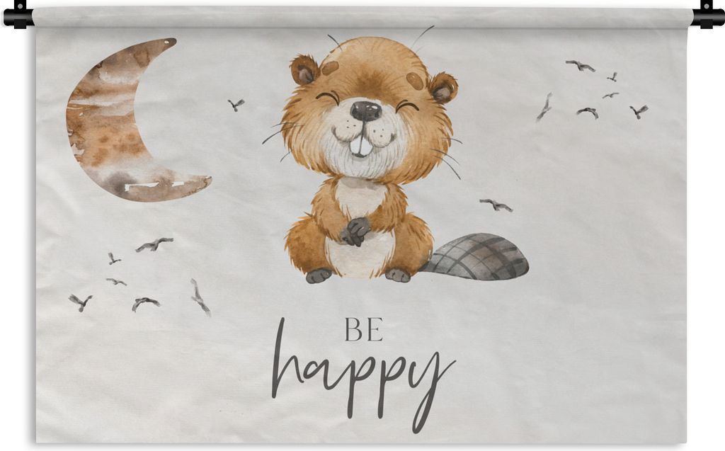 MuchoWow Wandteppich Wandbehang Zitate - Glücklich sein - Kinder - Mond - Biber - Aquarell 60x40 cm Tapisserie Dekoration Wandtuch - Wanddekorat...