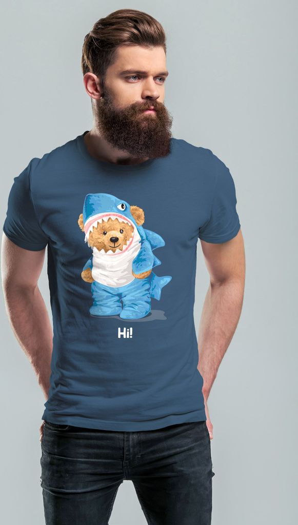 Herren T-Shirt Hai Hi Teddy Bär Witz Parodie Printshirt Aufdruck Fashion Streetstyle Neverless denim blue M