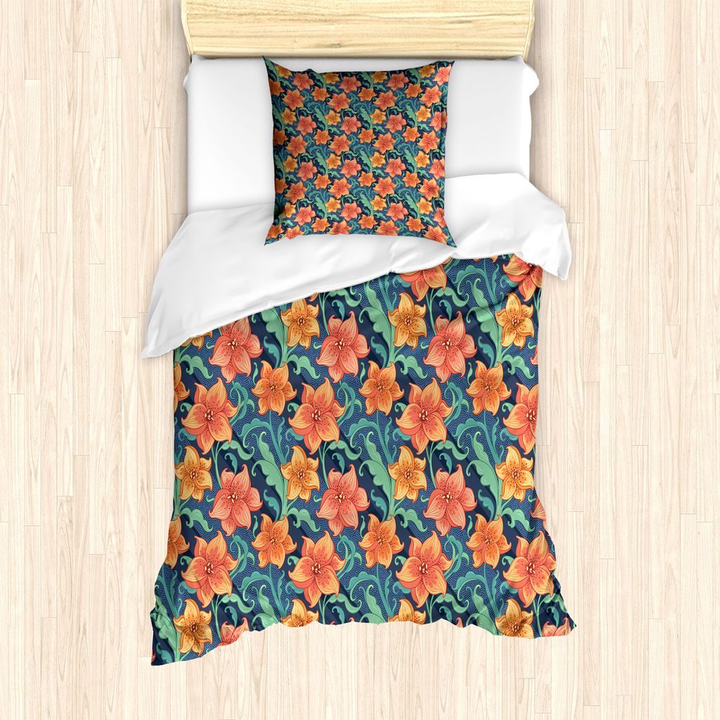 ABAKUHAUS Blumen Bettbezug Set für Einzelbetten, Lilly Blumen-Gekritzel, Milbensicher Allergiker geeignet mit Kissenbezug, 135 cm x 200 cm - 80 x ...