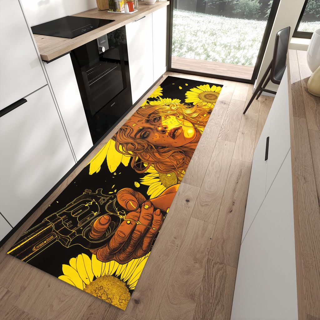 Küchenteppich 80x280cm rutschfest & abwischbar PVC Läufer - Sonnenblumenmädchen