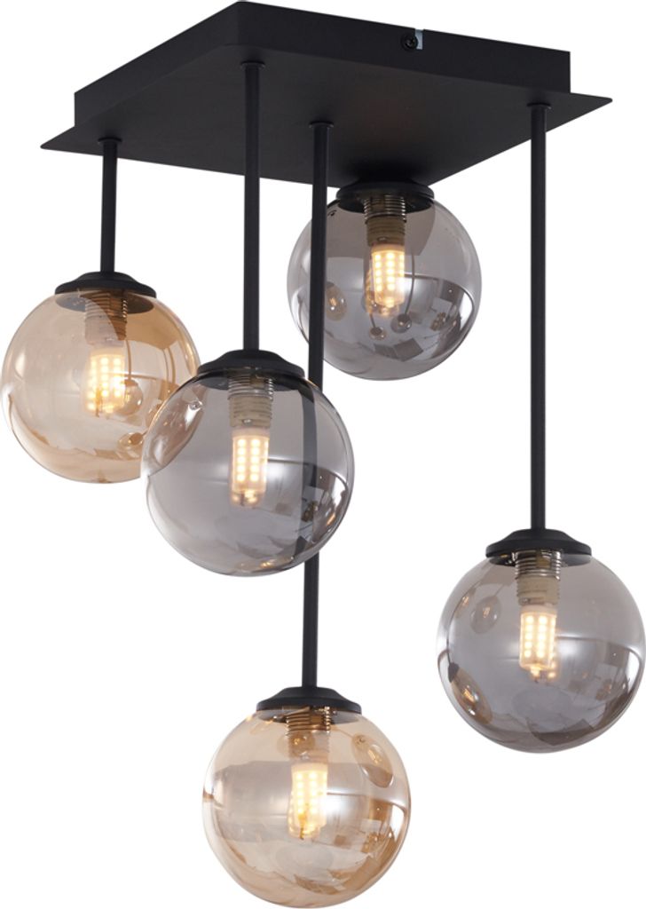QAZQA - Moderne Deckenleuchte I Deckenlampe I Lampe I Leuchte Schwarz mit Bernstein- und Rauchglas 5-flammig - Athen I Wohnzimmer I Schlafzimmer - ...