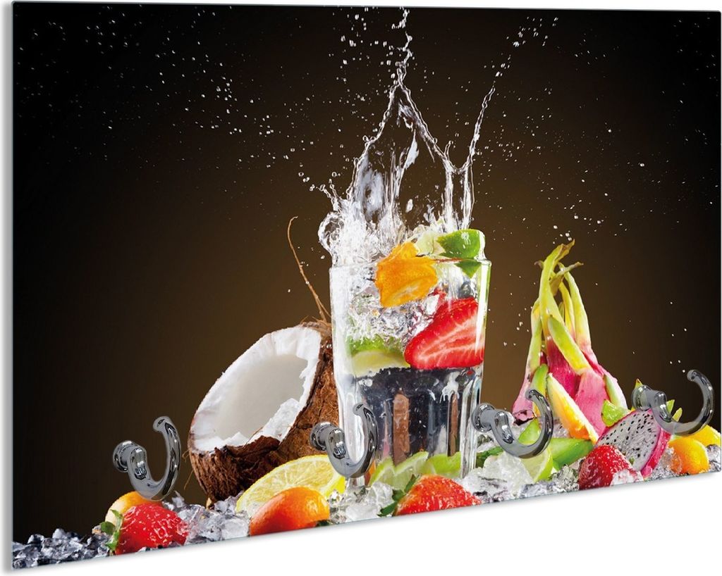 Wallario Schlüsselbrett aus Glas, Motiv: Tropische Früchte in einem erfrischenden Drink, 30 x 20 cm mit 4 Haken