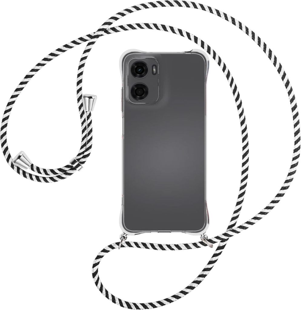 Handykette Backcover-Schutzhülle mit Band (Metall silberfarben) für Motorola Moto G05 - schwarz/weiß gestreift