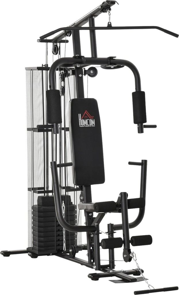 Gym Kraftstation Fitnessstation Multigym Mit Gewichten, Latzug & Beincurl, Metall & PolyurethanKunstleder, Schwarz