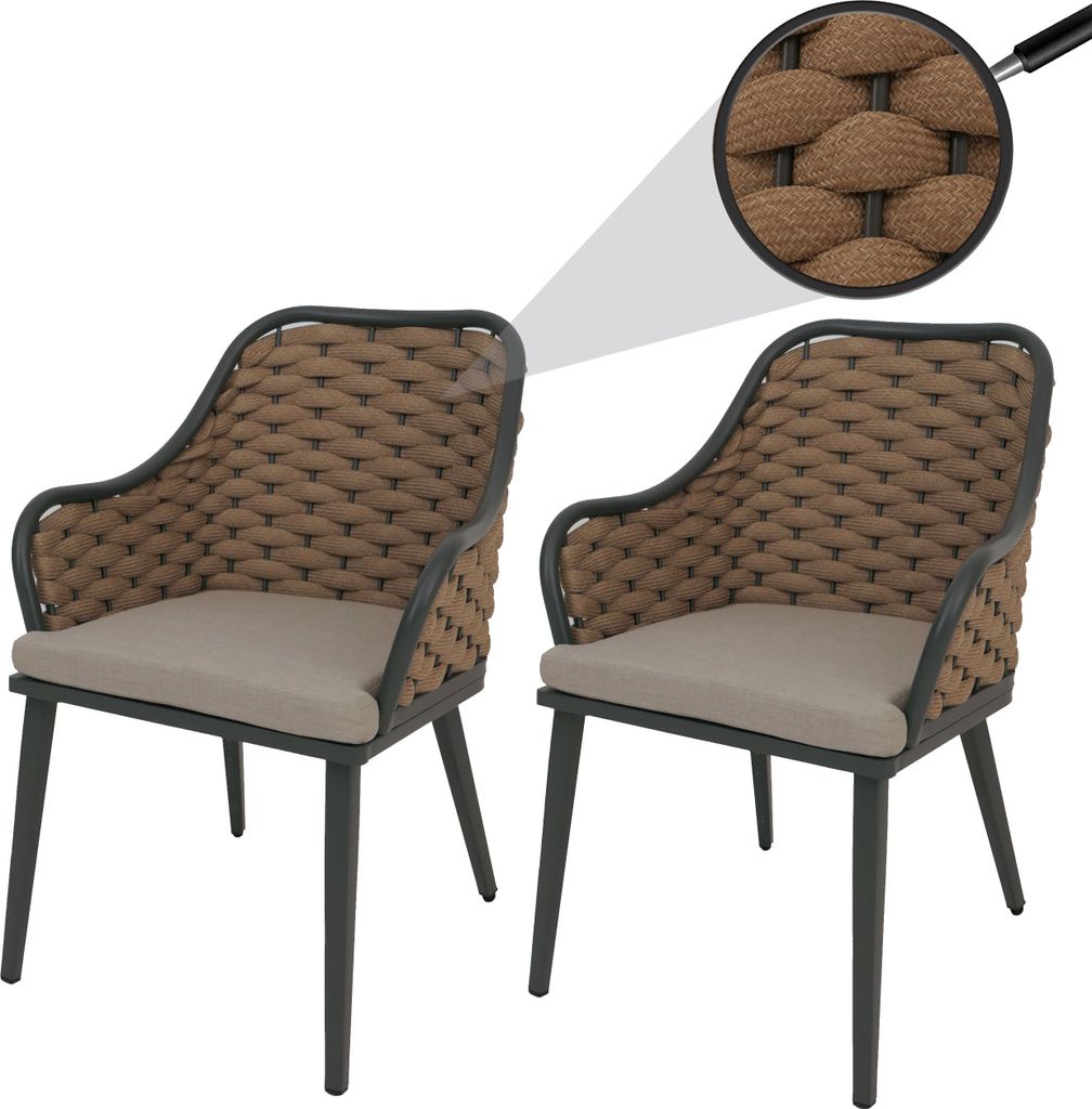 2er-Set Aluminium-Gartenstuhl HWC-O16, Outdoor Stuhl, Olefin (200 g/m²) Seilgeflecht Rope beige Kissen hellbraun