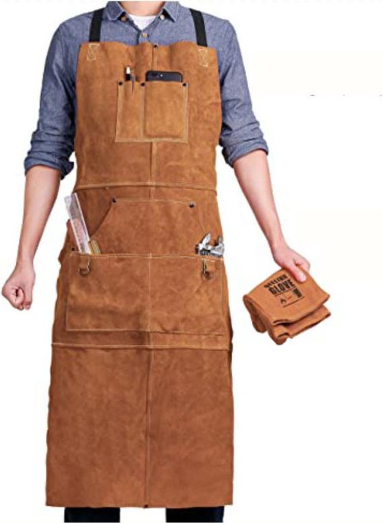 Lederschürze für Handwerk und Schweißen, flammhemmend, hitzebeständig, Arbeitsschürze mit 6 Taschen und verstellbaren Crossback-Gurten