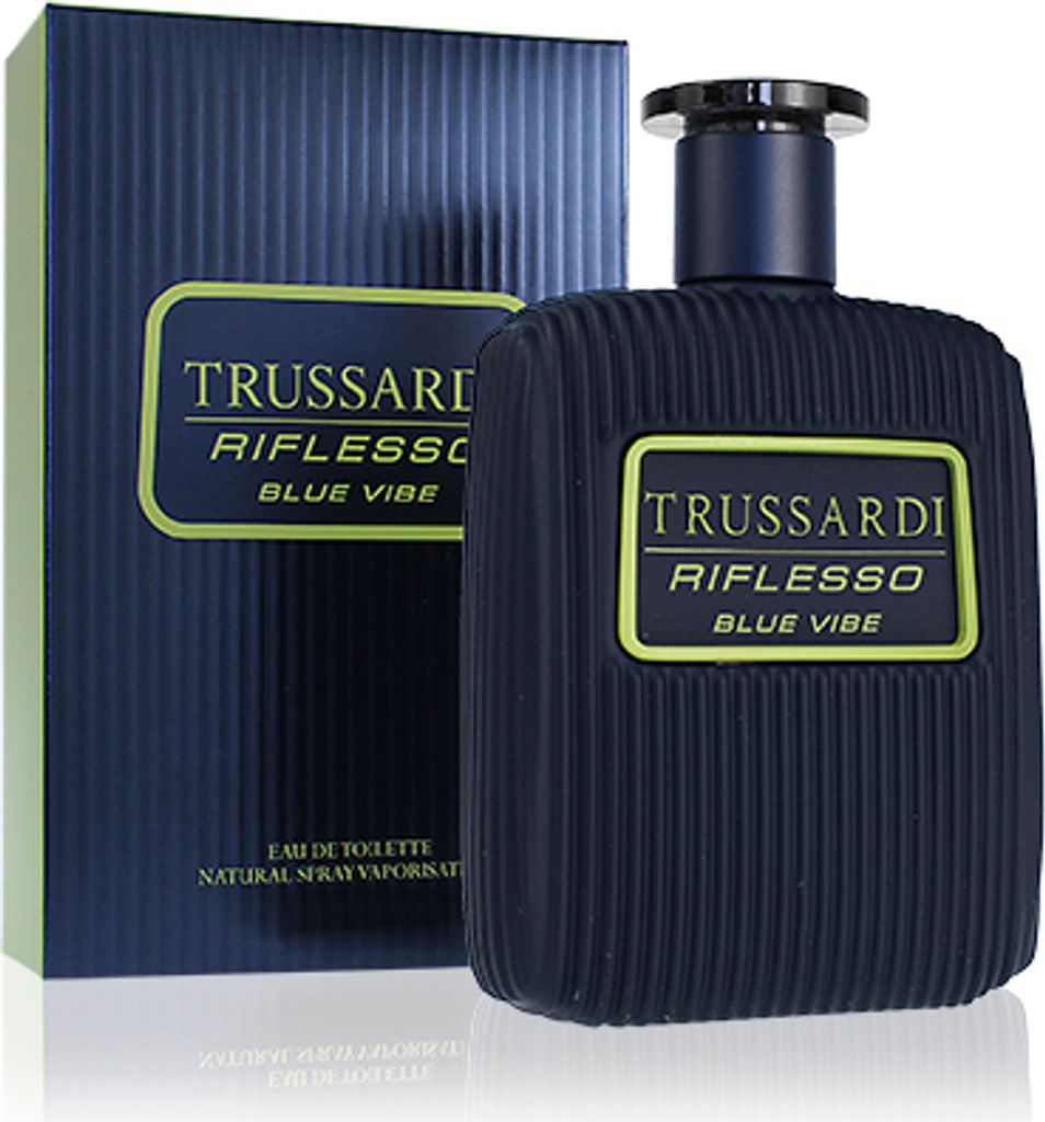 A bottle of Trussardi Riflesso Blue Vibe Eau de Toilette for men and its packaging are displayed against a white background.