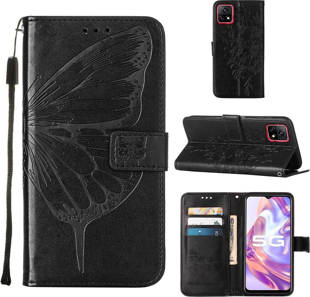 VIVO Y31S 5G Hülle, Schmetterling Prägung Flip Leder Kartenfächer Schutzhülle Ledertasche mit Ständer für VIVO Y31S 5G Schwarz