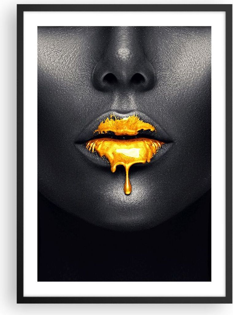 Gerahmtes Poster - Schwarzer Rahmen - Gold Mund Schwarz - 50x70 cm - Wand Bild - Wanddeko - Wandbilder - Kunstposter - Wandposter - Bilderrahmen - ...