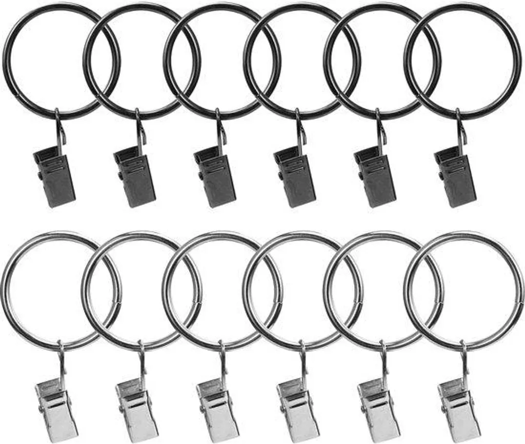 Anneaux de rideaux métalliques avec clips 32 mm noir argent - Lot de 12