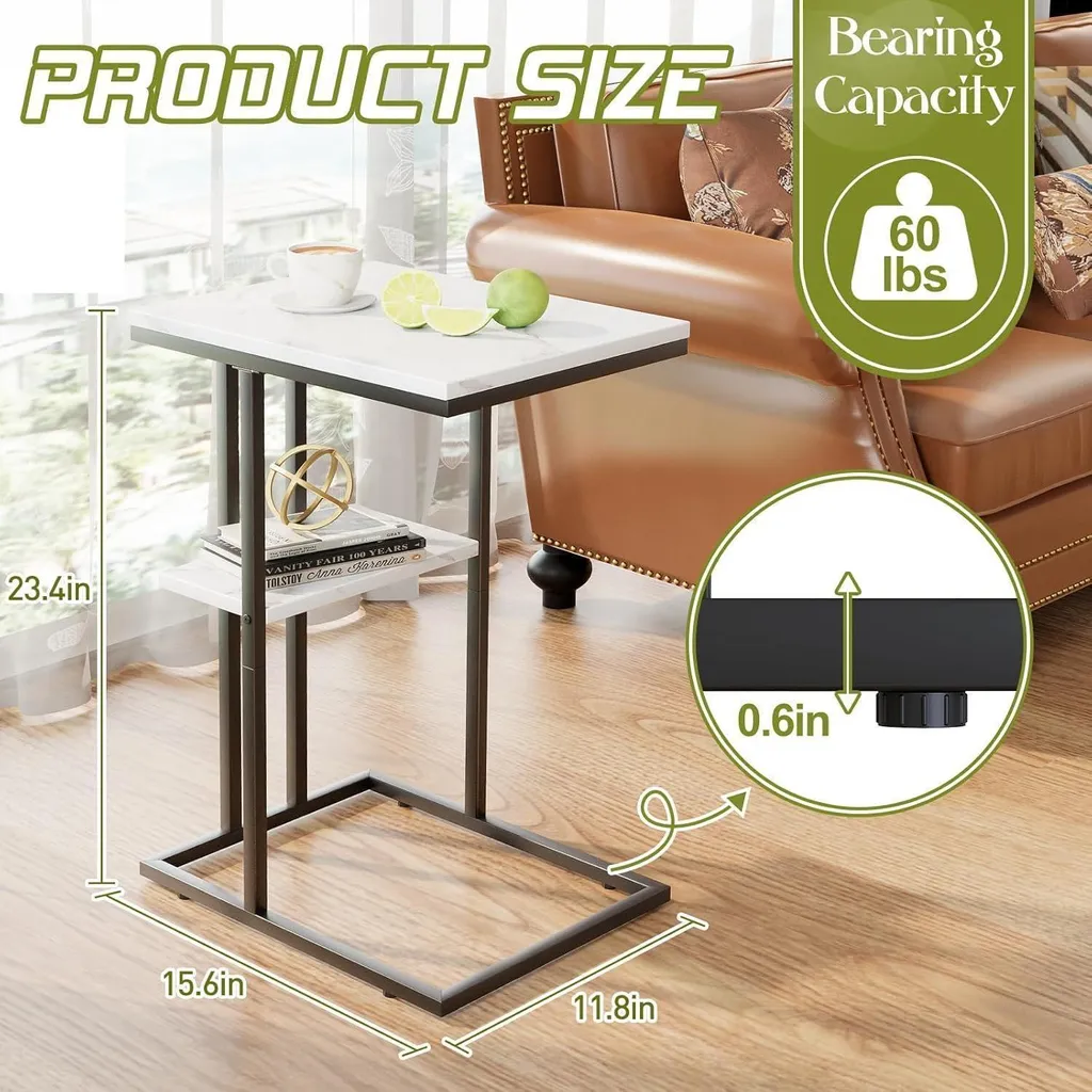 Table de lit forme C effet marbre blanc pour ordinateur et lecture - 3