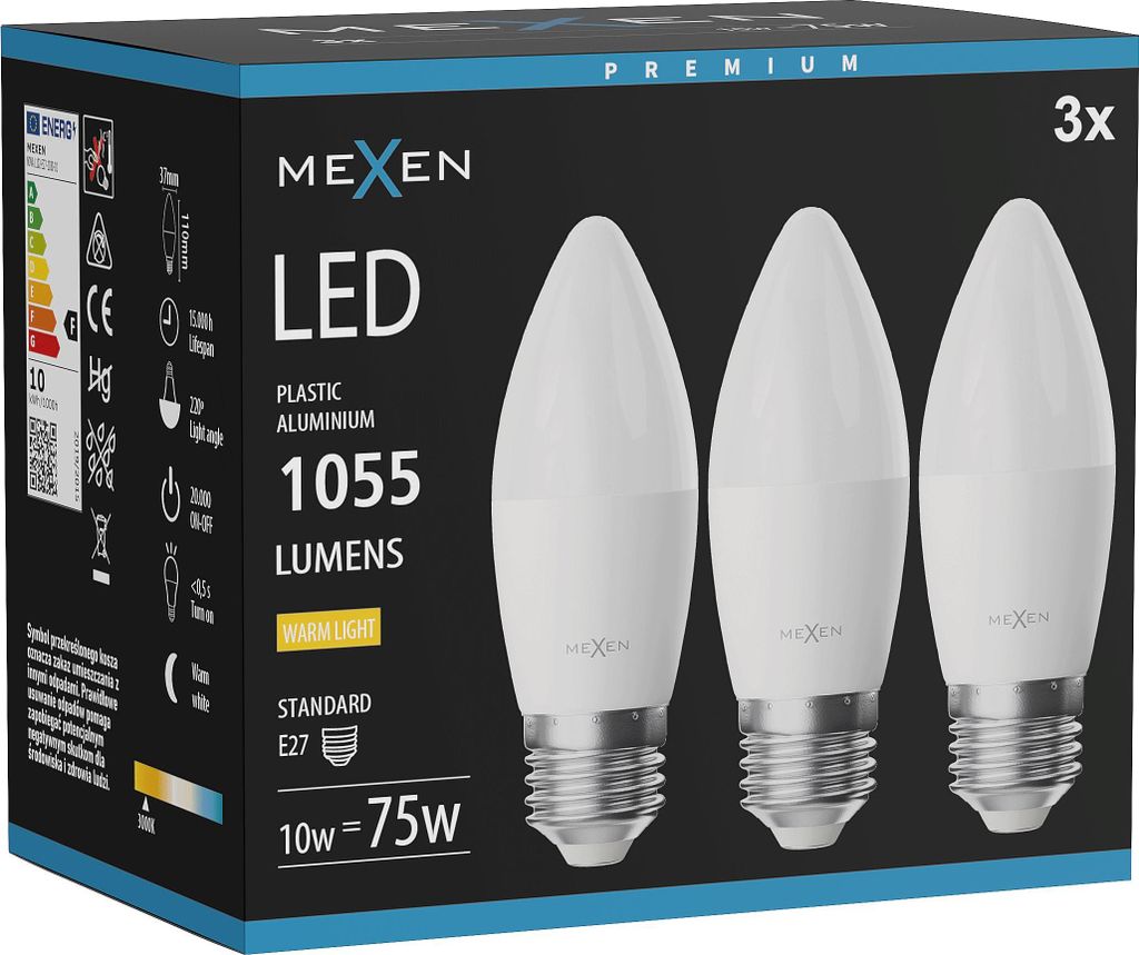 Mexen Nova 3x LED-Lampe E27, C37, 10W, Warm - 3000K, 1055 lm - L102-E27-1030-01x03