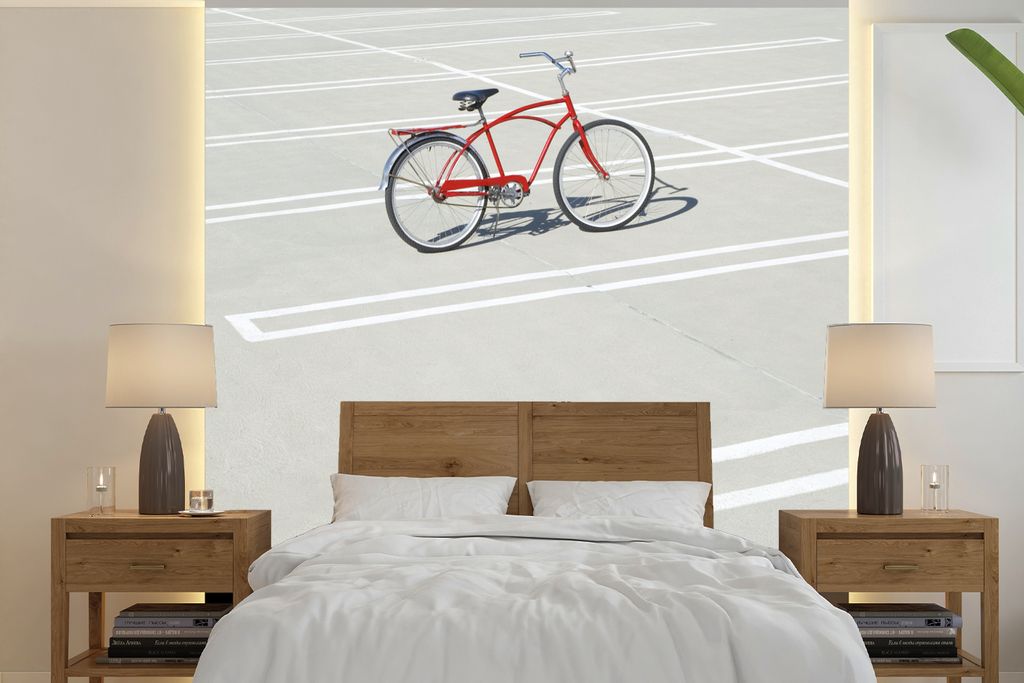 MuchoWow Fototapete für Wohnzimmer oder Schlafzimmer Wandtapete Vinyl Motivtapete Ein geparktes rotes Fahrrad - 240x240 cm - Schlafzimmer-Tapete
