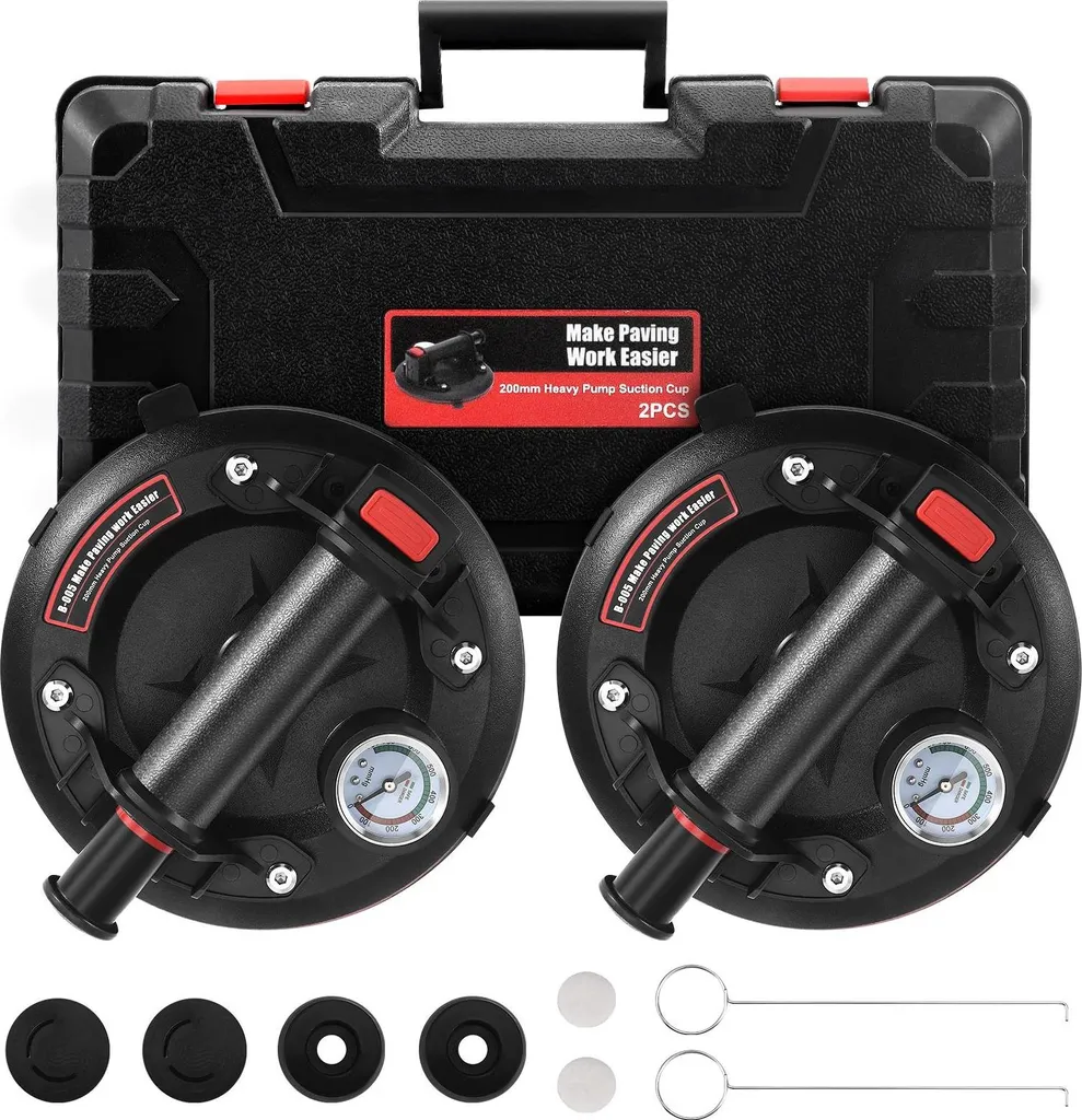 Ventosa a vuoto - Set ventose per vetro - Set con 1 paio - Ø 20 cm - Capacità di carico 280 kg - Con manometro - Per vetro/piastrelle/granito/finestre - Nero