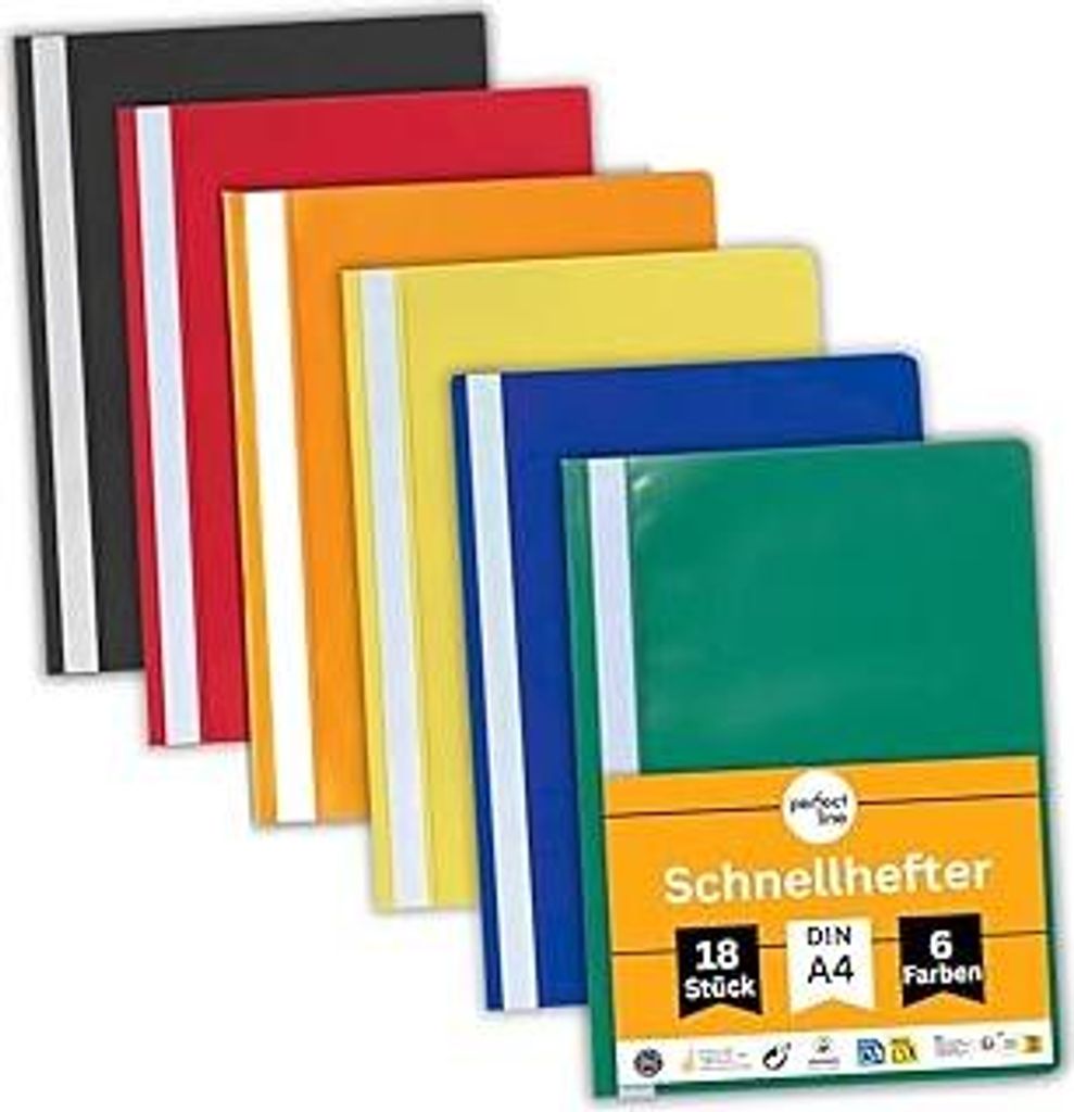 perfect line - 18 Schnellhefter (PP) DIN-A4, 6 Farben, recycelbarer Kunststoff (PP), mit Beschriftungsstreifen, kaufmännischer Heftung