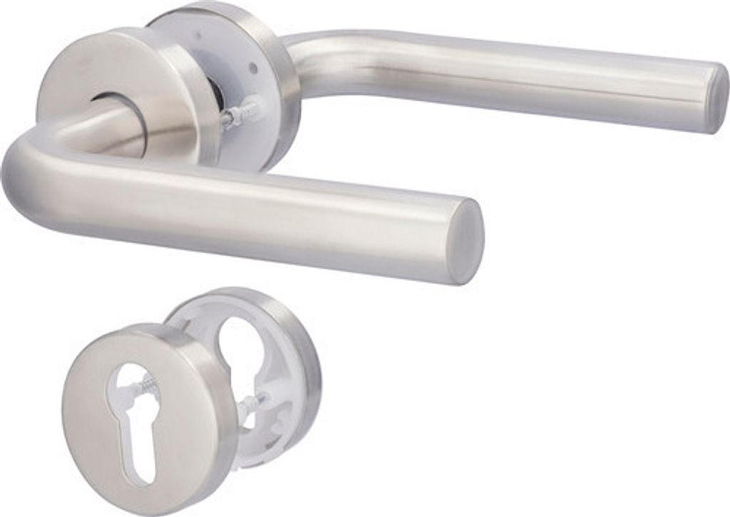 Rosettengarnitur Lyon II edelstahl/satiniert PZ mit 2x Drücker für Zimmertüren links/rechts