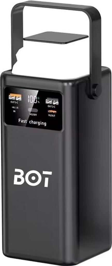 A black BOT power bank is shown against a white background.