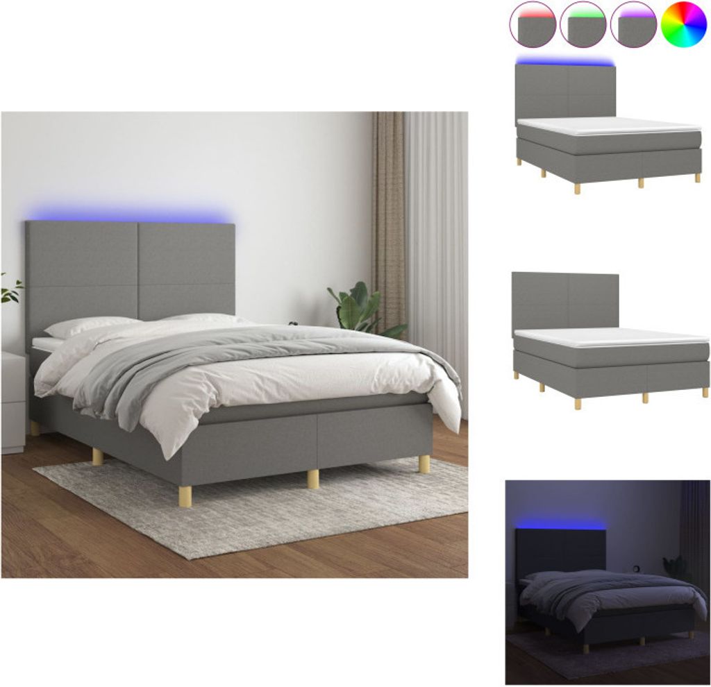 vidaXL Boxspringbett mit Matratze & LED Dunkelgrau 140x200 cm Stoff - Betten & Bettgestelle