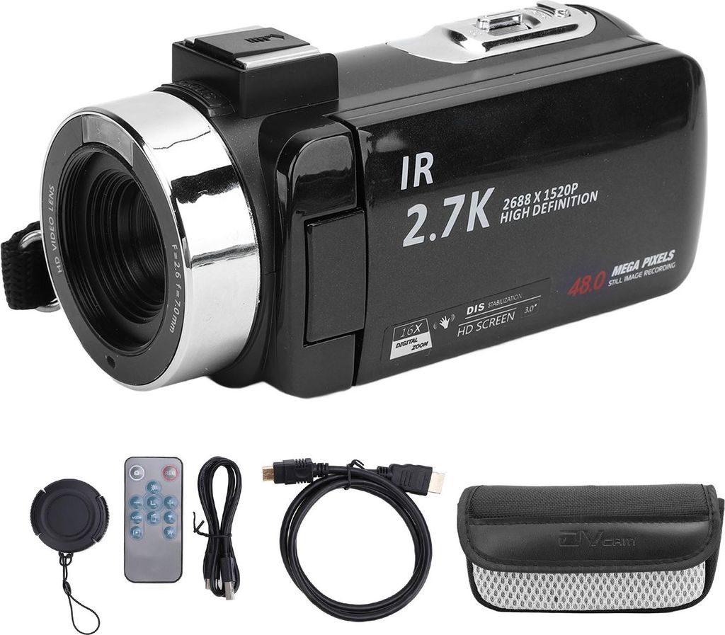 A black digital camcorder and its accessories are displayed on a white background.