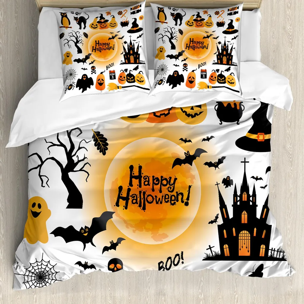 Parure de lit Halloween 2 pièces 155x220 cm Motif Bonbons et Chat Noir