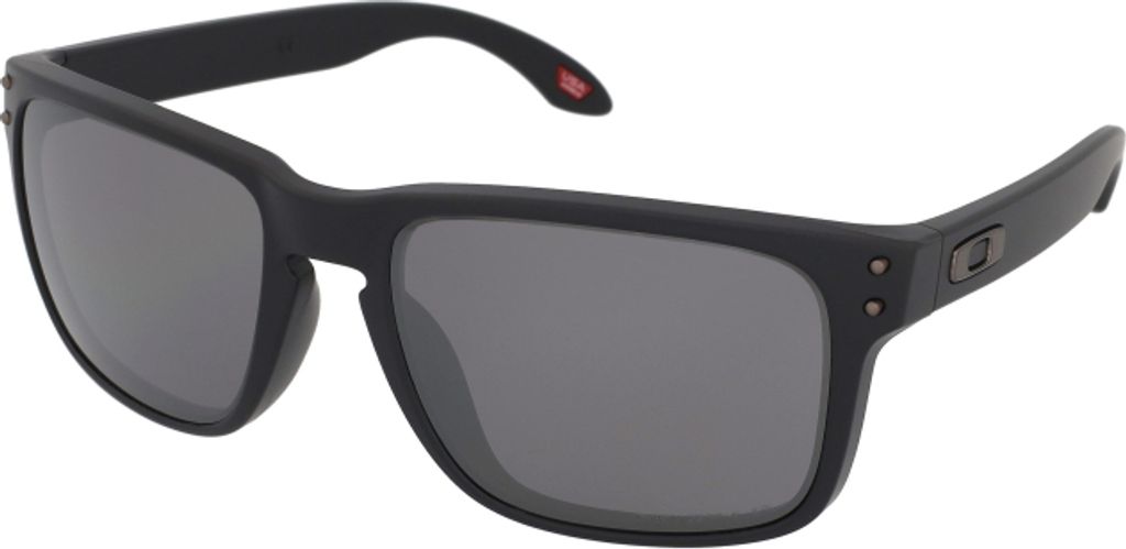 A pair of black Oakley sunglasses with gray lenses, shown from a front-side angle against a white background.