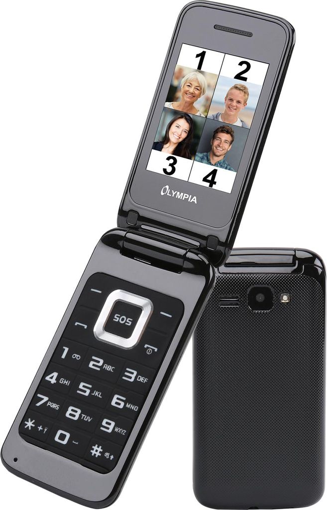 A flip phone with four contact photos displayed on the screen and a separate view of the back of the phone.