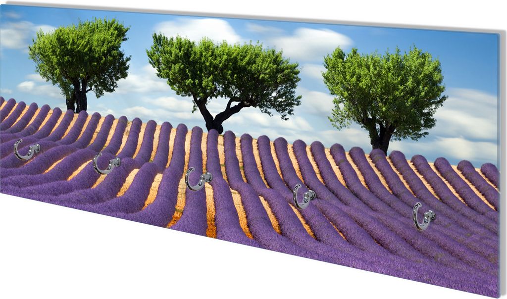 Wallario Flurgarderobe Wandgarderobe aus Glas, mit 5 Haken, Größe 80 x 30 cm, Motiv Abstraktes lila Blumenfeld mit Lavendel