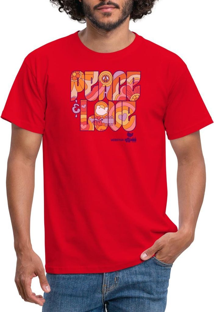 Spreadshirt Woodstock Peace Love Hippie Design Männer T-Shirt, L, Rot