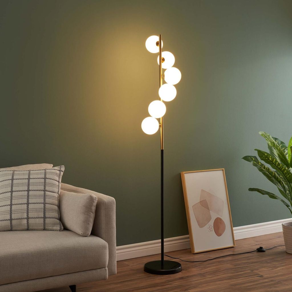 Design Stehlampe Schwarz und Messing mit weißen Kugeln -Sierra