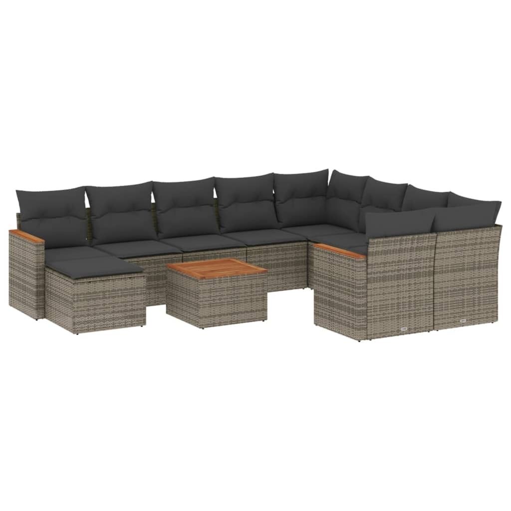 11-tlg. Garten-Sofagarnitur mit Kissen Grau Poly Rattan Produktbild 