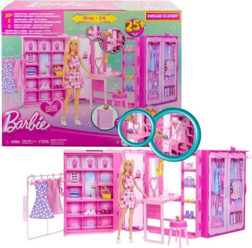 Barbie Traum Ankleidepuppe Set mit Puppe, 27 Zubehörteilen & Hündchen, Rosa Glitzer Garderobe HXD58