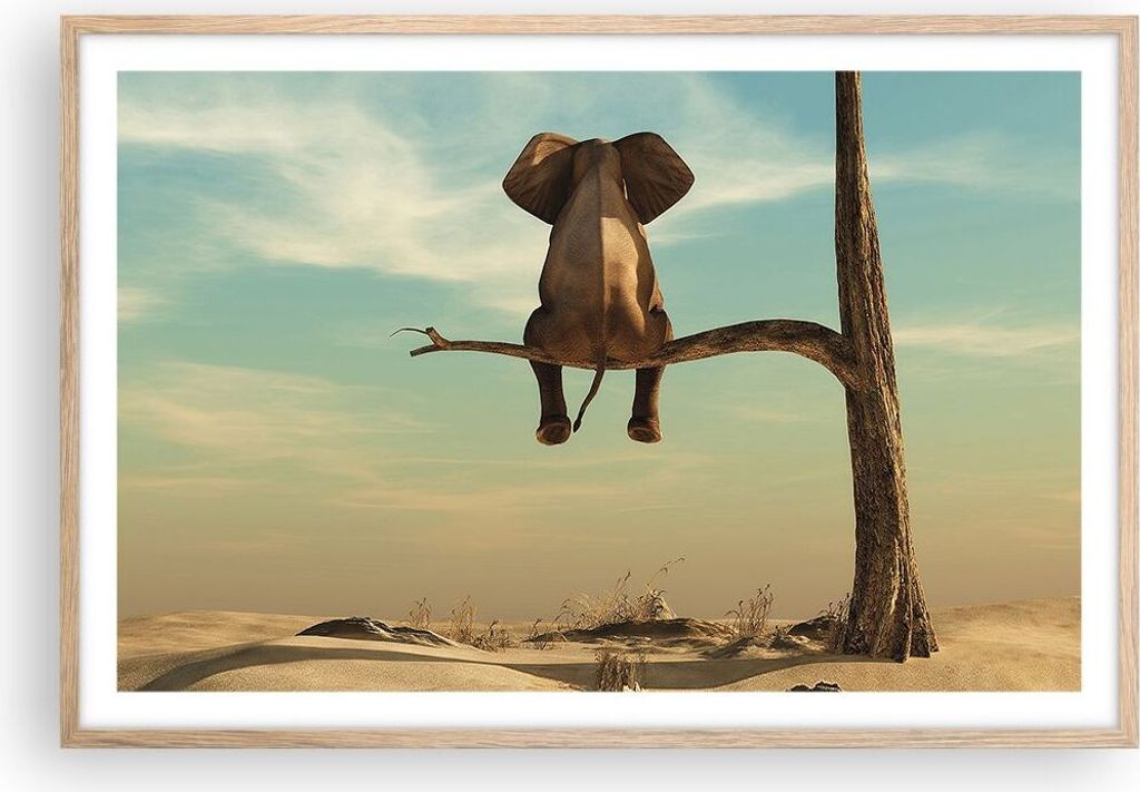 Gerahmtes Poster - Rahmen in heller Eiche - Elefant sitzend Ast - 91,5x61 cm - Wand Bild - Wanddeko - Wandbilder - Kunstposter - Wandposter - Bilde...